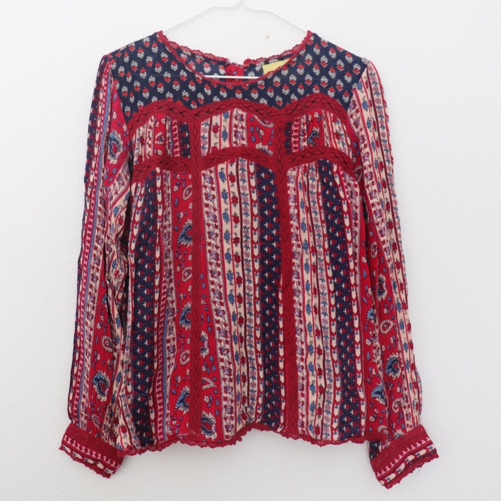 Anthropologie Maeve Gretchen Patchwork Paisley Long Sleeve Boho Blouse